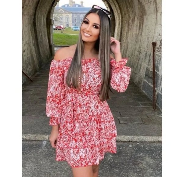Red Floral Print Long Sleeve Off Shoulder Tiered Mini Dress - Picture 5 of 12
